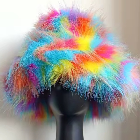 Cover Photo Rainbow Animal Print Faux Fur Costume Y2K Rave Fuzzy Bucket Hat - Picture 5 of 6